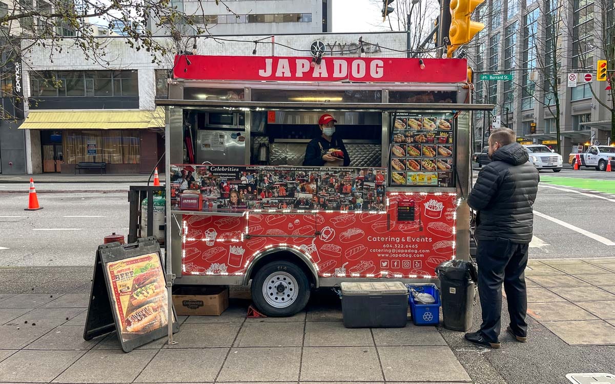 The original Japadog food cart located at 899 Burrard St in Vancouver, Canada