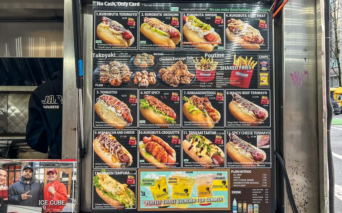 The menu at Japadog, Vancouver, Canada