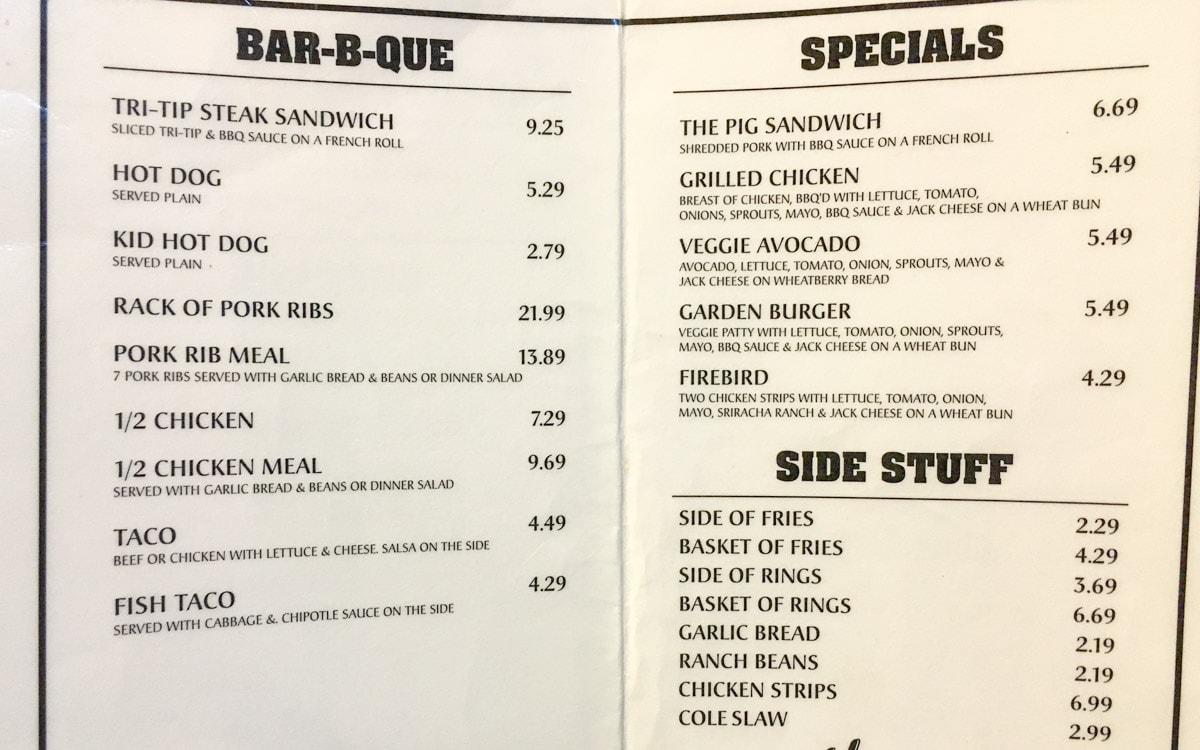 The first page of the Firestone Grill menu, San Luis Obispo, California