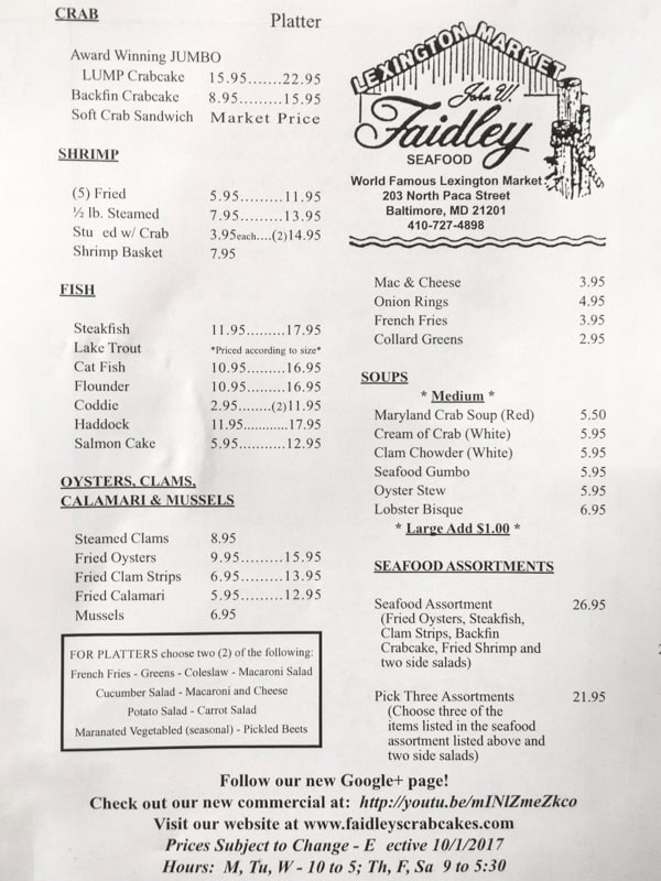 The menu at Faidley Seafood, Baltimore, Maryland