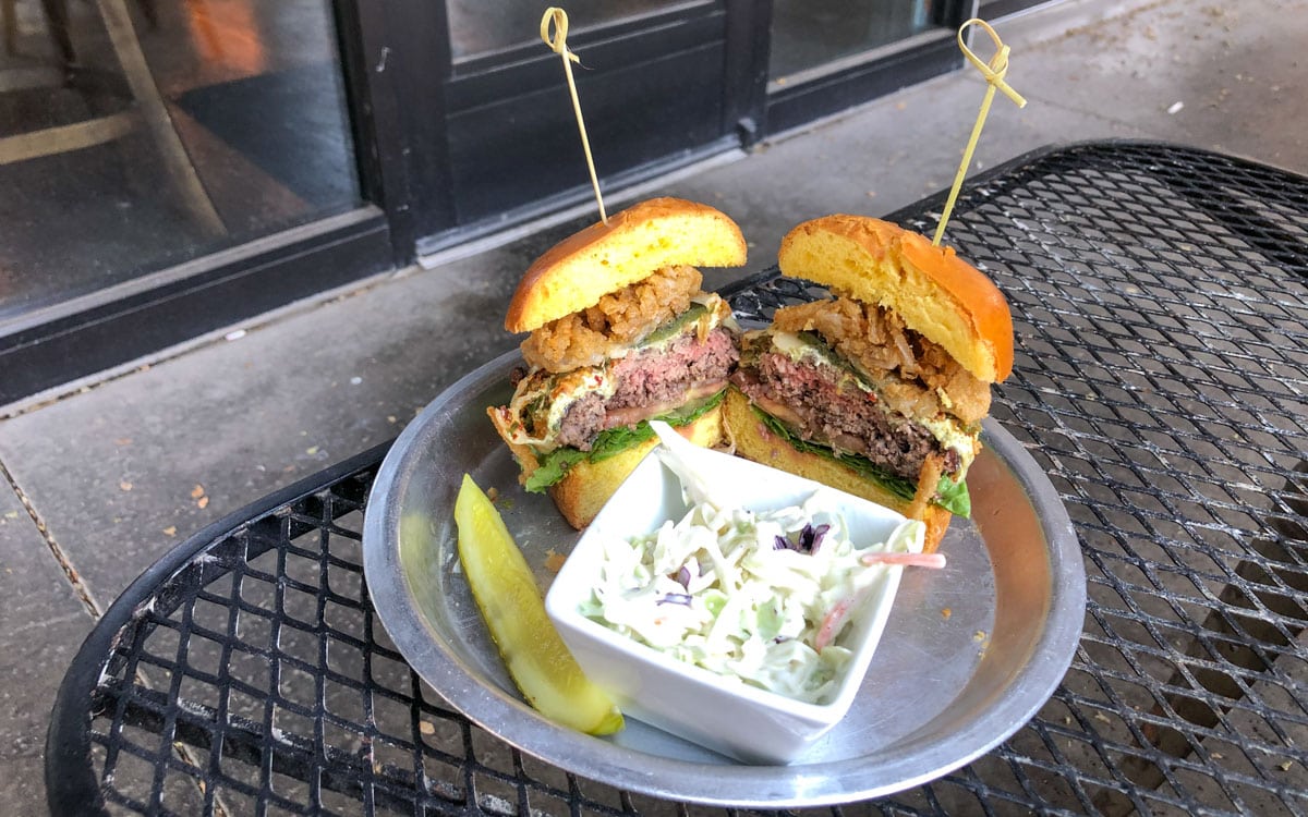 The spicy Fire Burger with Coleslaw, Saddle Mountain Brewing Company, Goodyear, Arizona