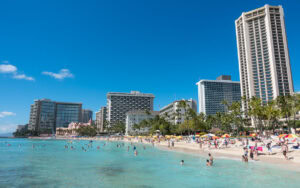 The world famous Waikiki Beach on the island of Oahu, Honolulu, Hawaii