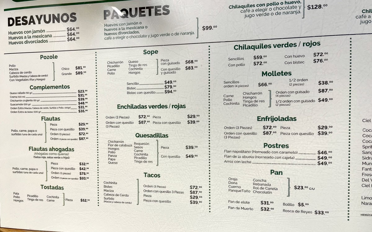 The menu at La Casa De Toño