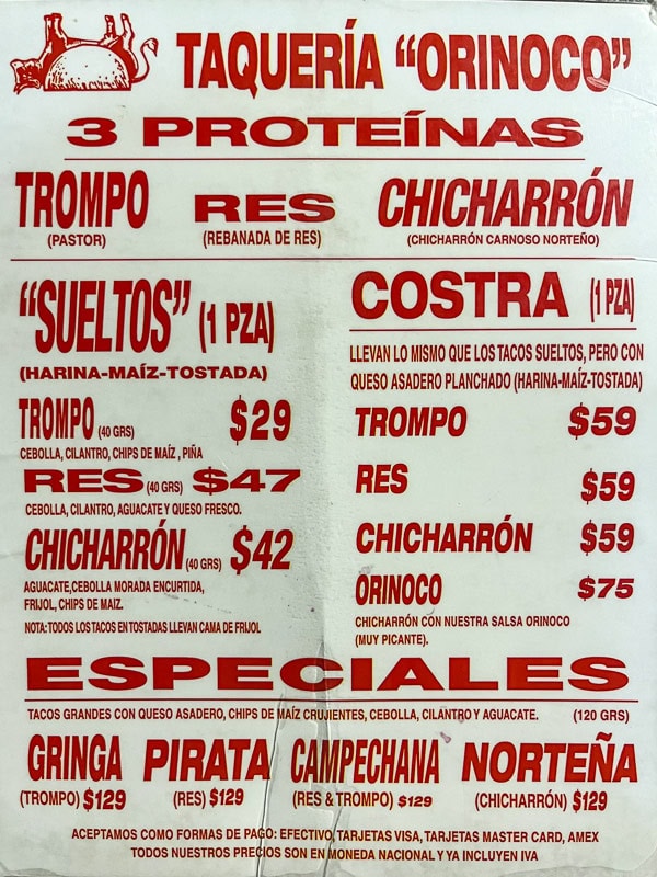 The first page of the Taqueria Orinoco menu, Mexico City