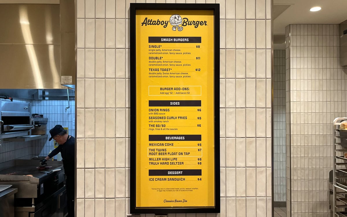 The menu at Attaboy Burger, Las Vegas