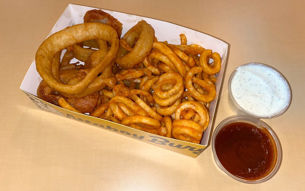 The 50/50 with onion rings, fries, ranch, and BBQ sauce, Attaboy Burger, Las Vegas