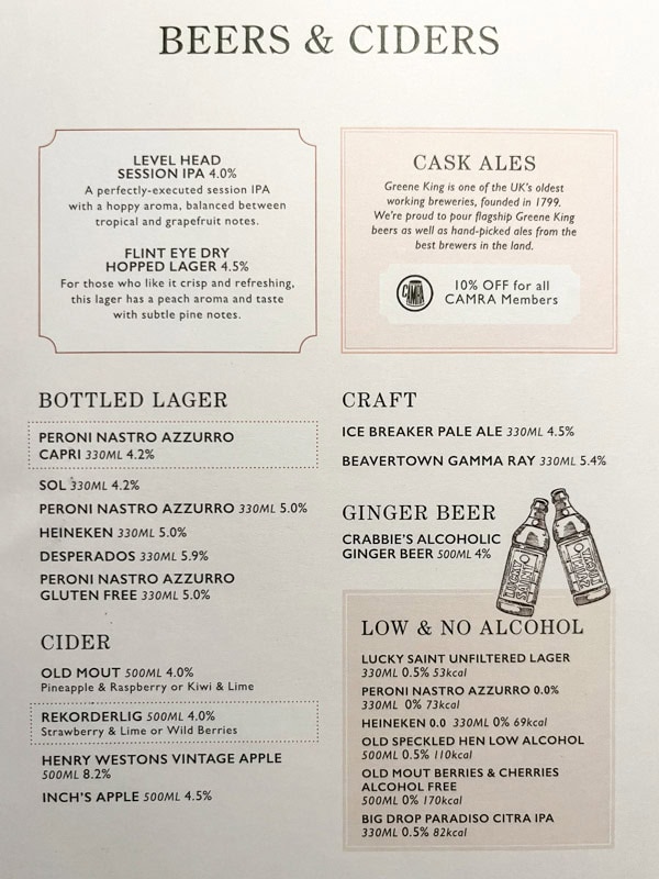 Beer & Ciders menu, Sawyer Arms, London, England