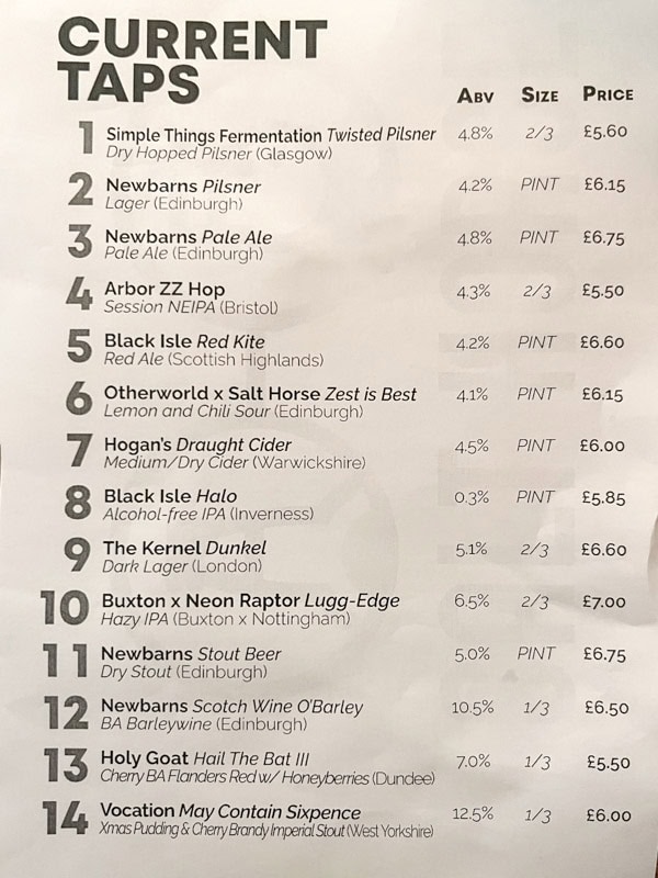 The beer list on my visit, Salt Horse, Edinburgh, Scotland