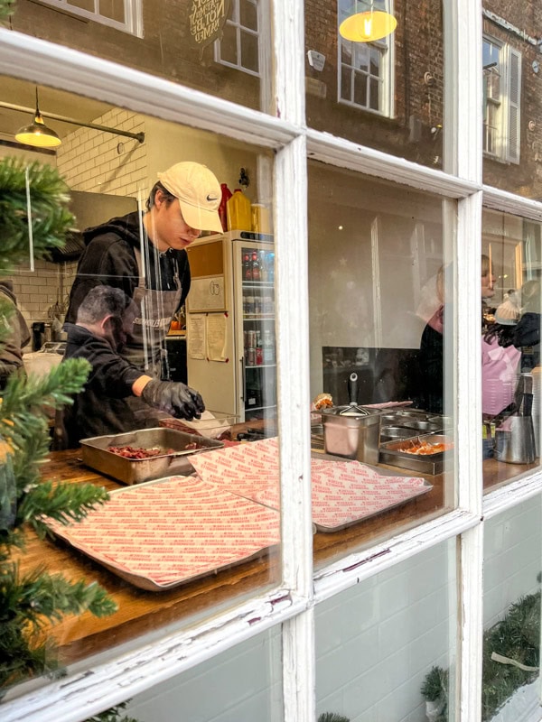 Staff preparing sandwiches inside, Shambles Kitchen, York, England