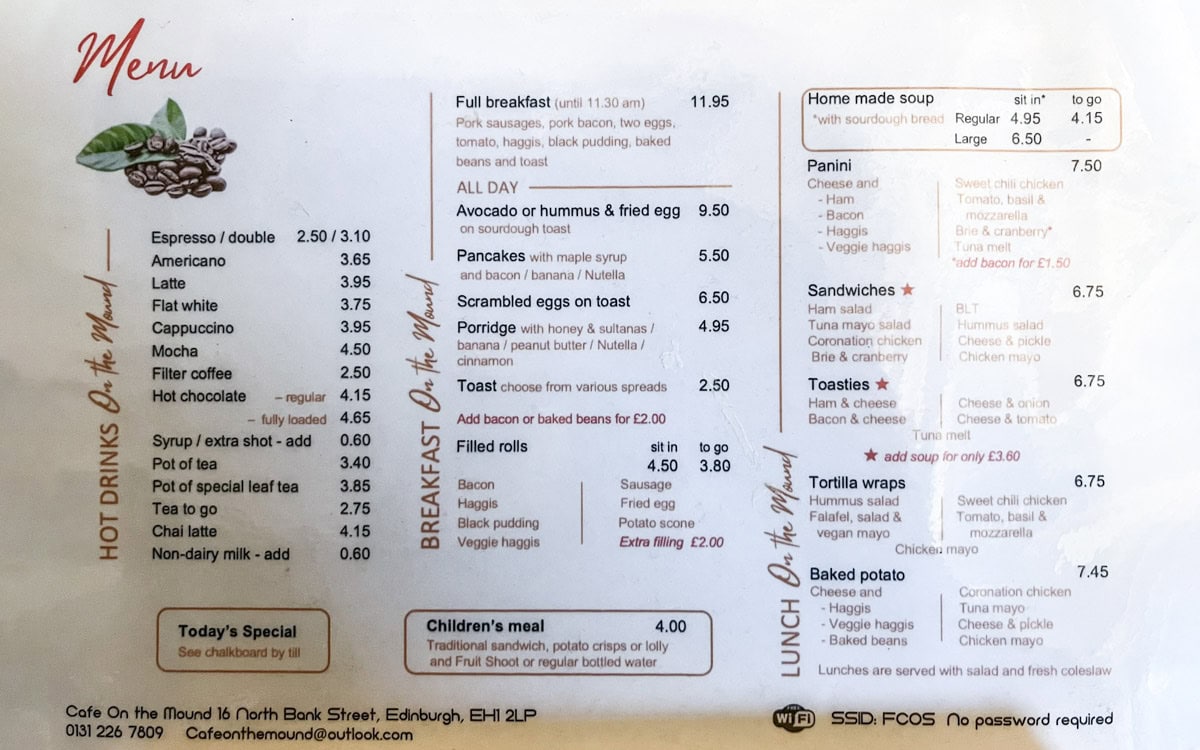 The menu at Cafe On The Mound, Edinburgh, Scotland