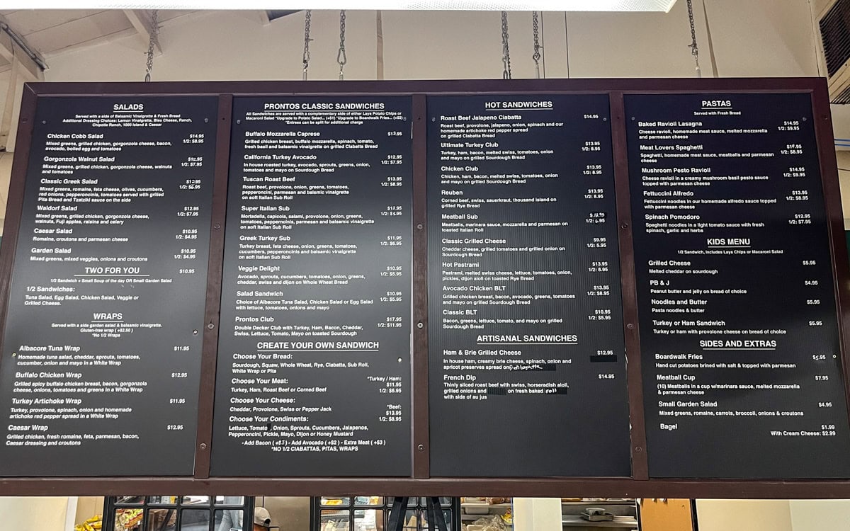 The menu at Prontos’ Gourmet Market & Eatery, Carlsbad, California