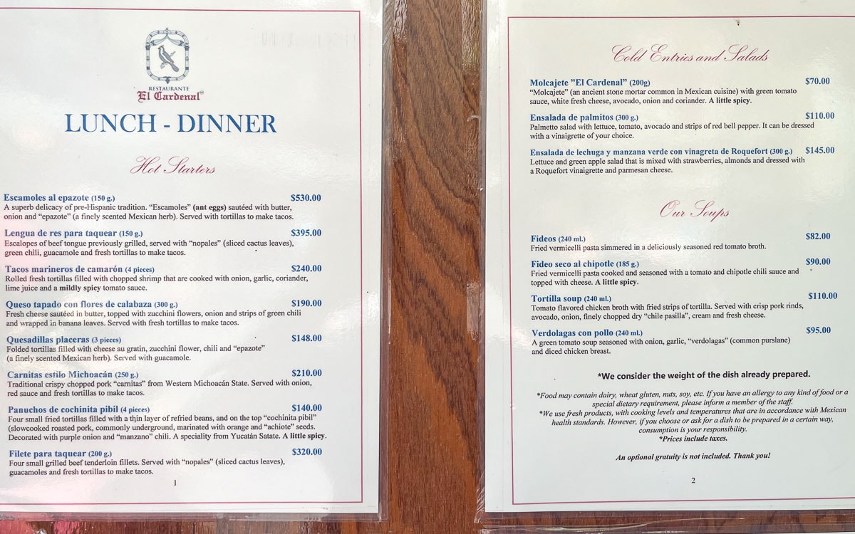 The first page of the menu at Restaurante El Cardenal, Mexico City, Mexico