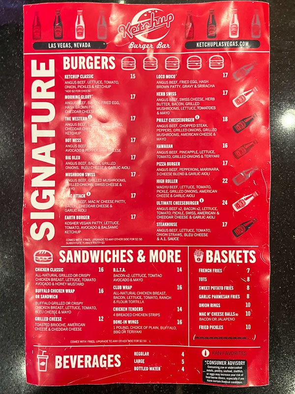 First page of the menu at Ketchup Premium Burger Bar, Las Vegas, Nevada