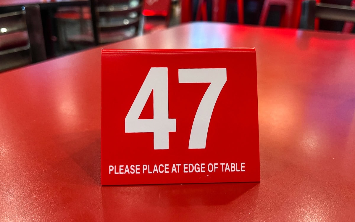 Number placard placed on table