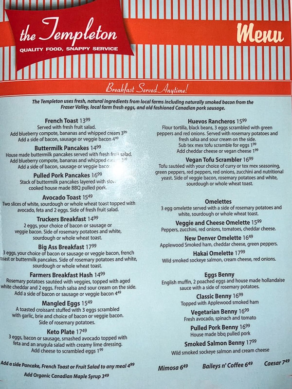 The first page of The Templeton menu, Vancouver, Canada