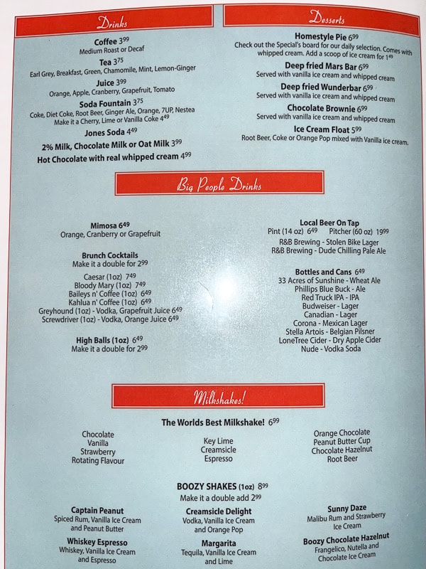 The last page of the menu with drinks and desserts